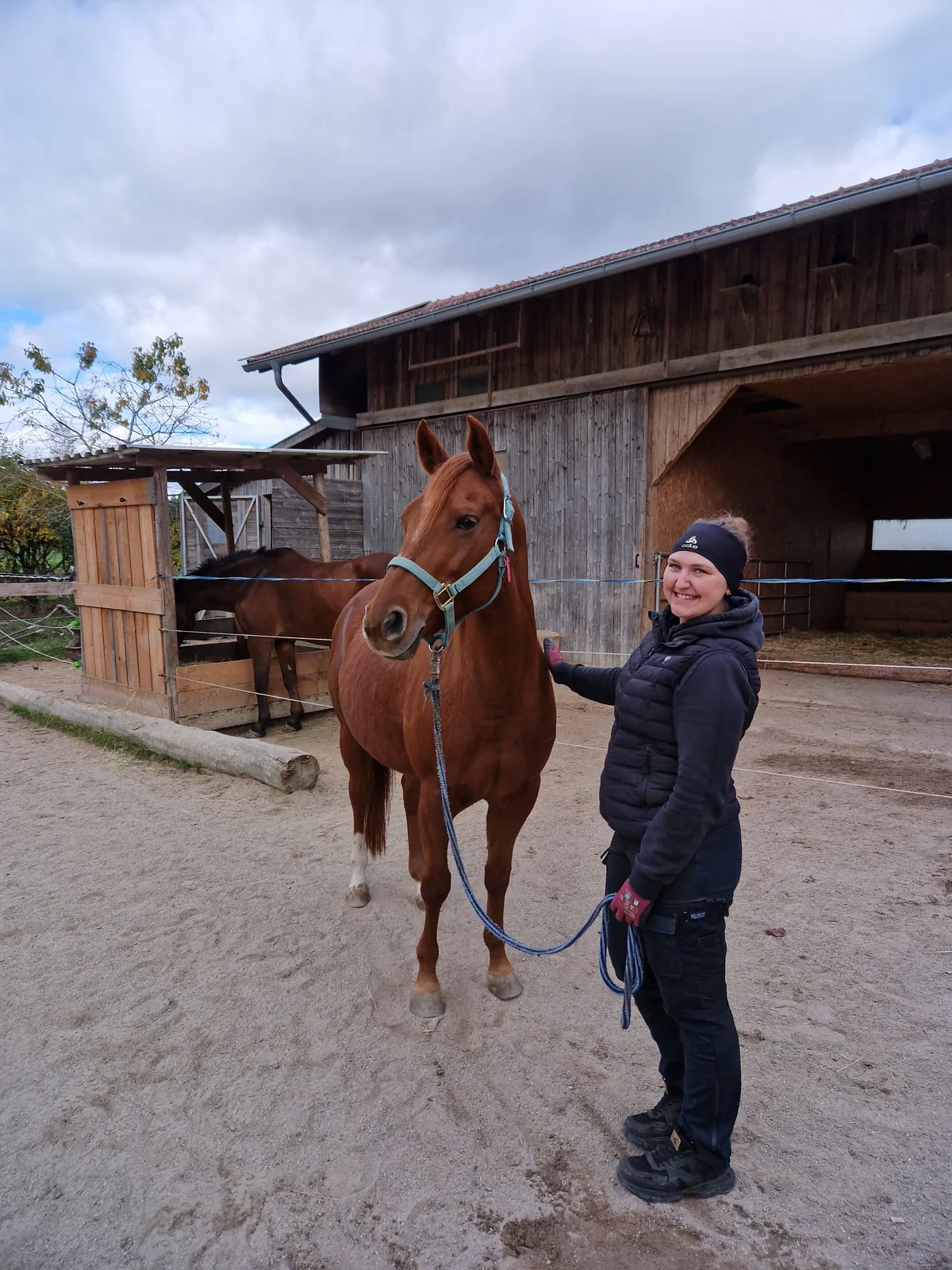 Teilnehmerin beim Präsenzwochenende neben einem Pferd auf dem Reitplatz
