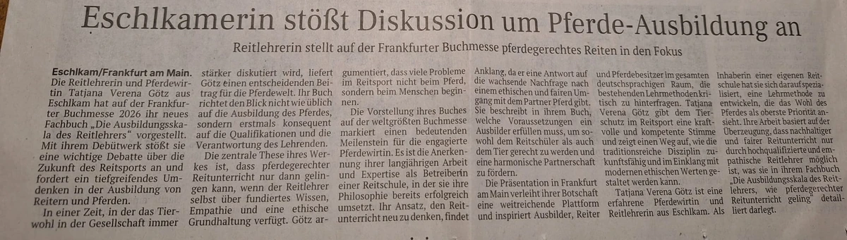 Zeitungsartikel „Eschlkamerin stößt Diskussion um Pferde-Ausbildung an“ über Tatjana Götz und ihr Fachbuch auf der Frankfurter Buchmesse 2026.